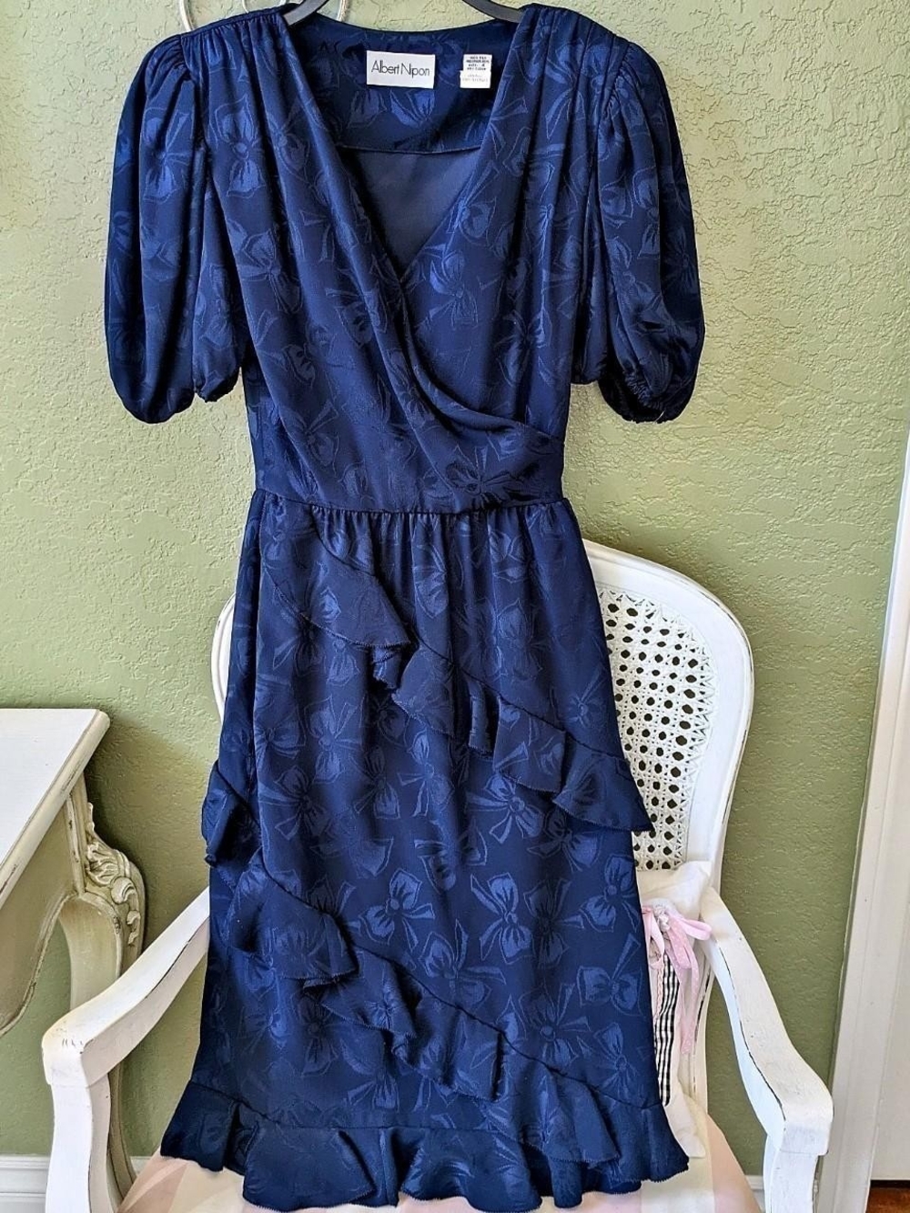 Albert Nipon Deep Navy Floral Wrap-Style Midi Dress